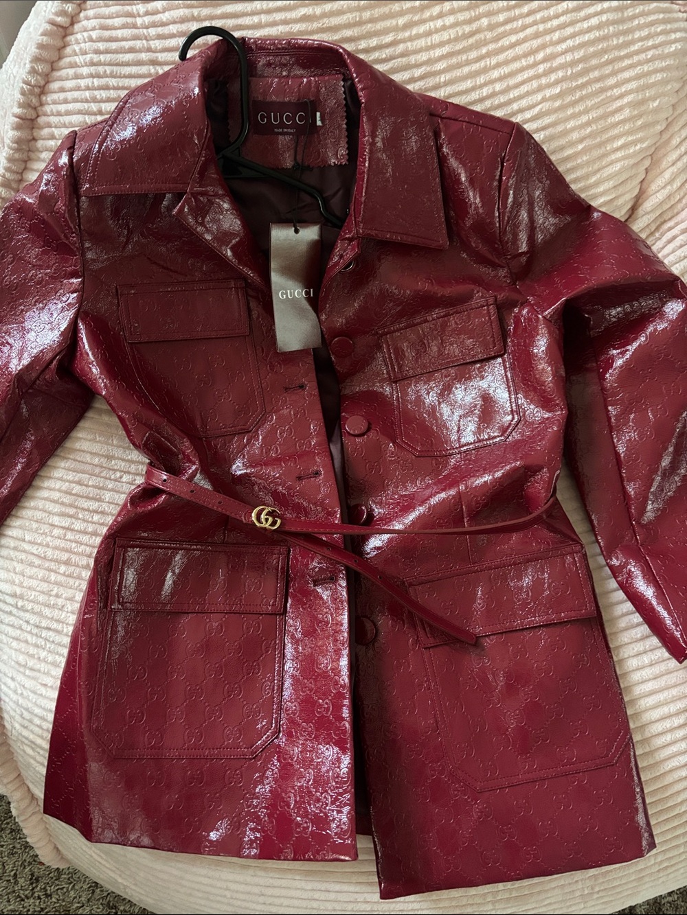 Gucci Women's Dark Burgundy Patent Leather Trench Jacket